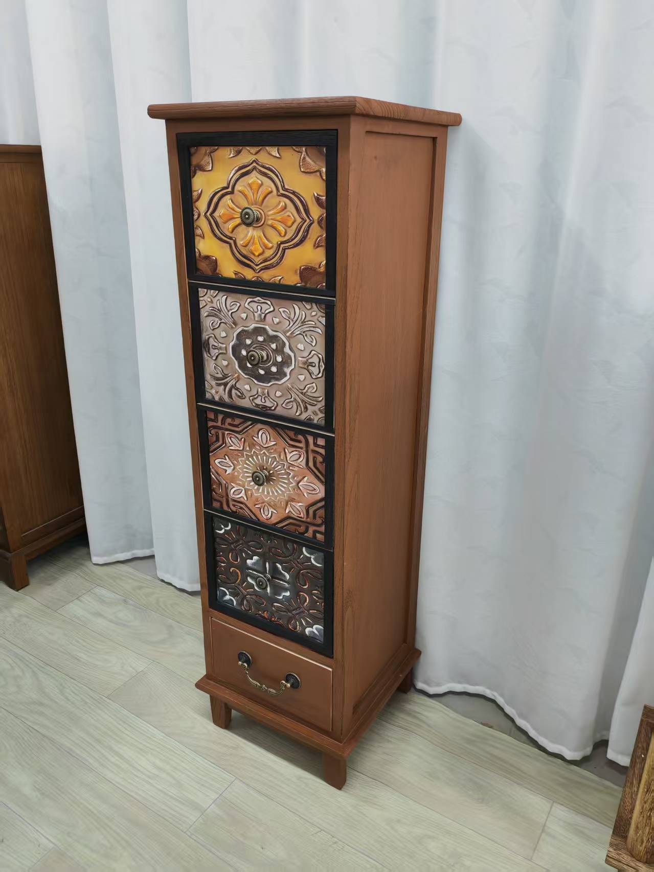 板栗色30*30*101美式五斗柜实木储物柜小户型夹缝柜