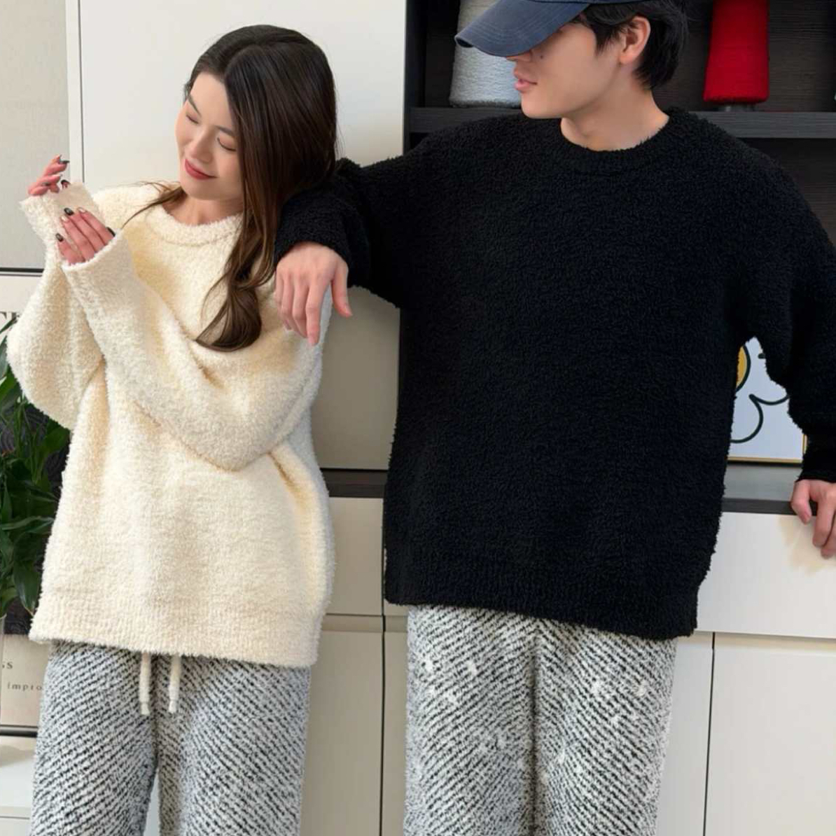 龙龙专属情侣简约杏白灰半边绒居家服睡衣套装高级保暖可外穿