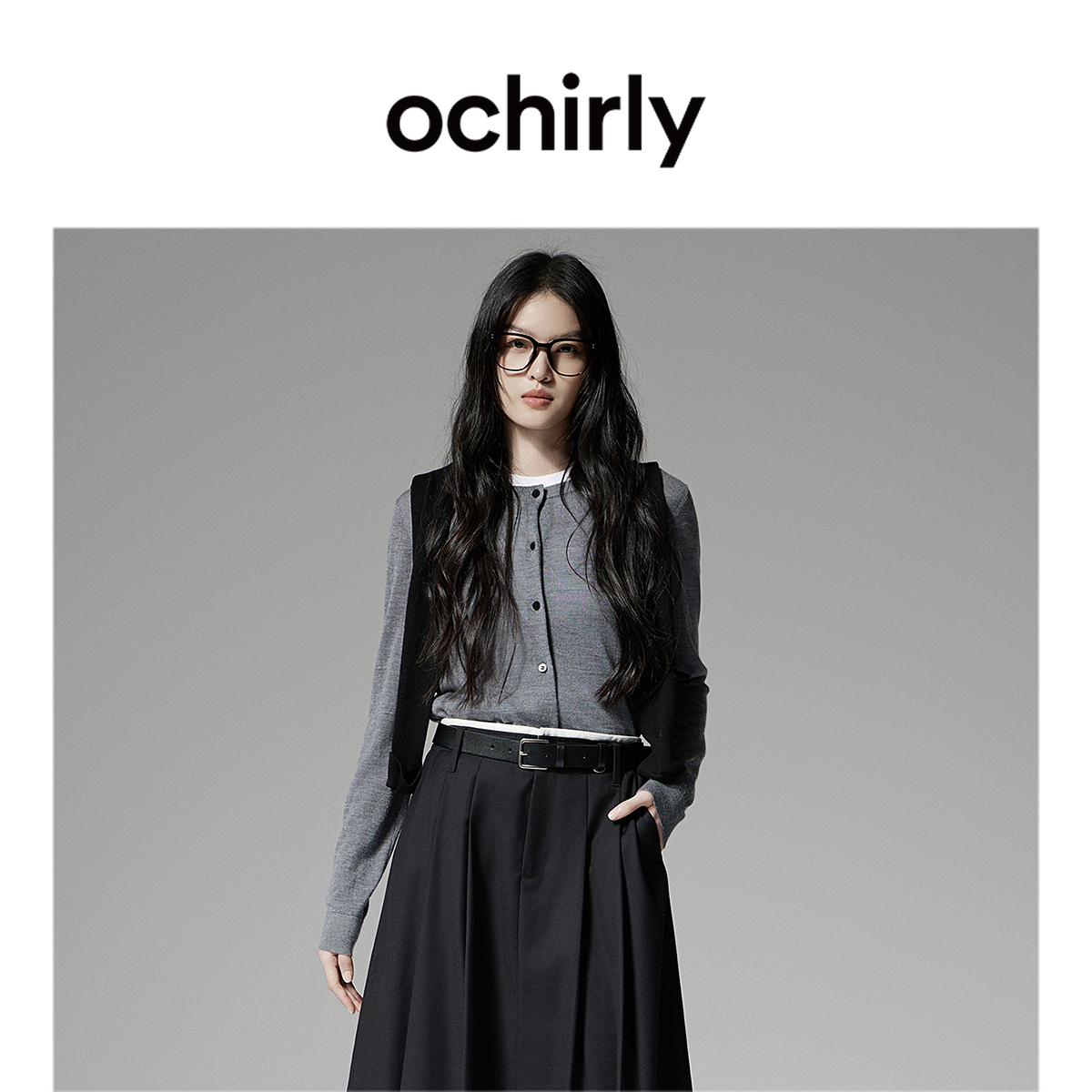 OCHIRLY欧时力桑蚕丝羊毛针织外套女开衫软糯气质