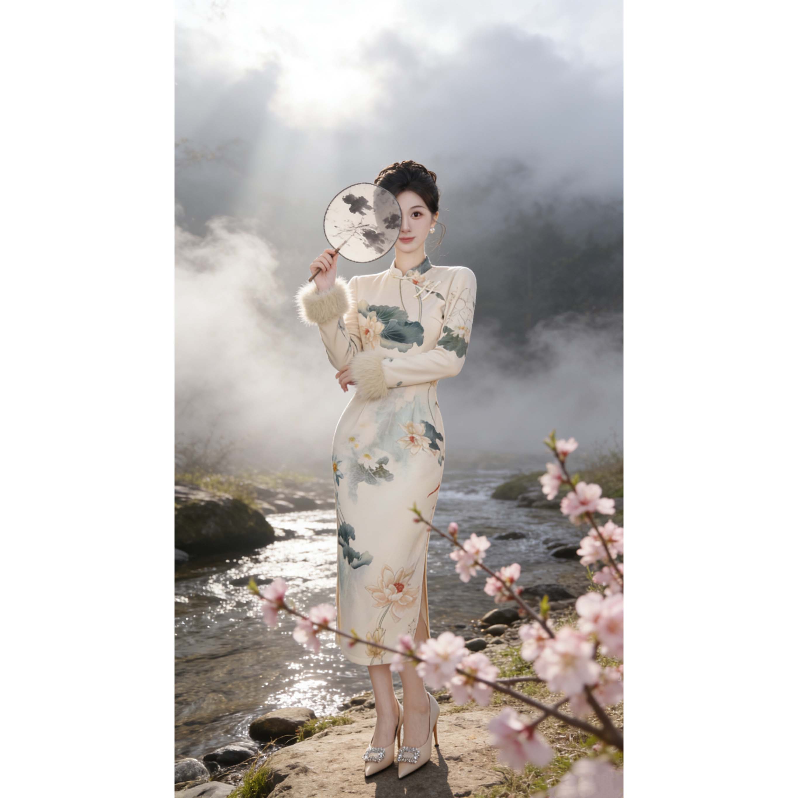 【张小小】【加绒加厚】秋冬复古旗袍温婉连衣裙D4550