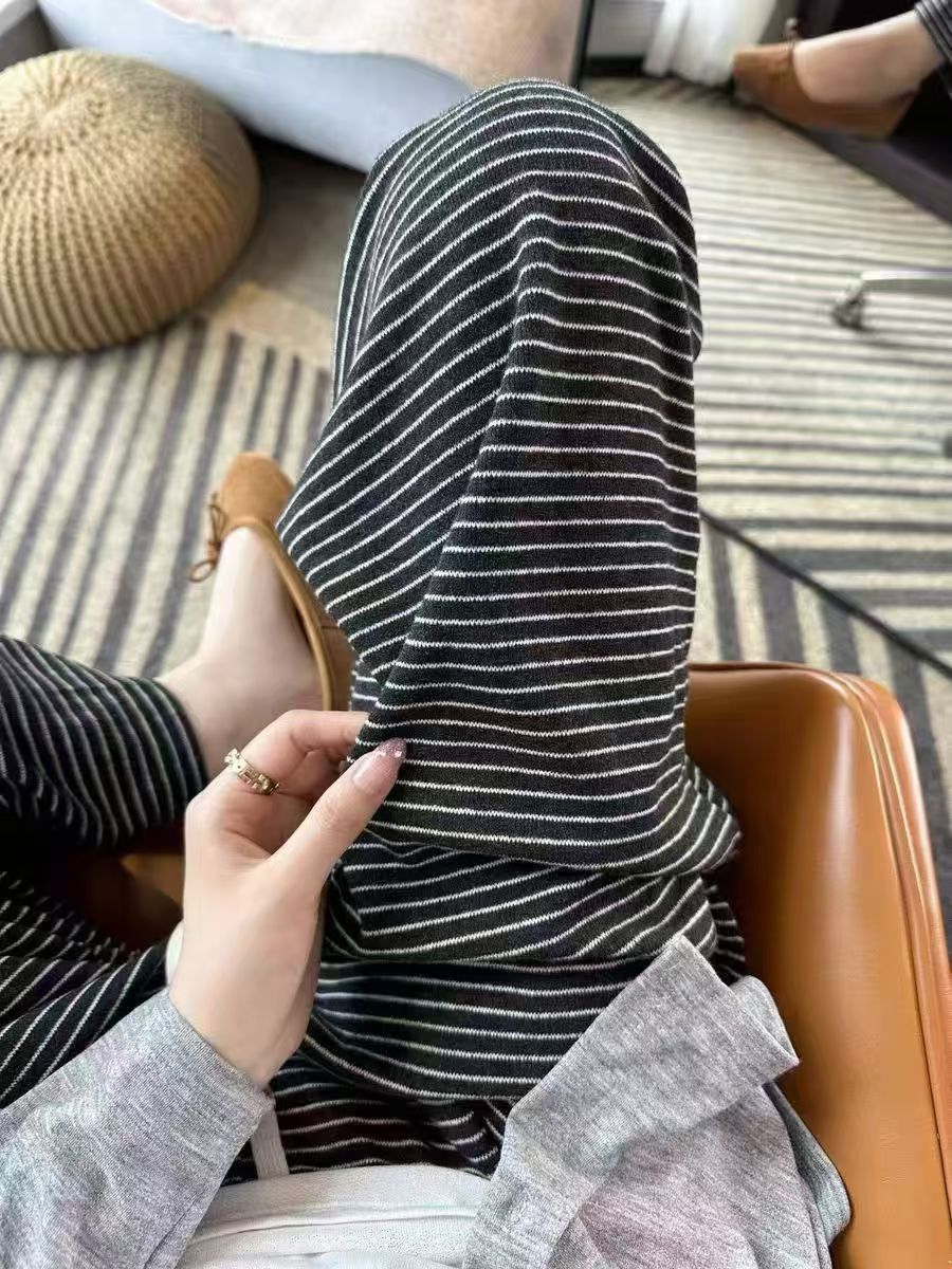 胖mm糯米绒糯米直筒阔腿裤加绒加厚条纹休闲裤女冬季新款显瘦地裤