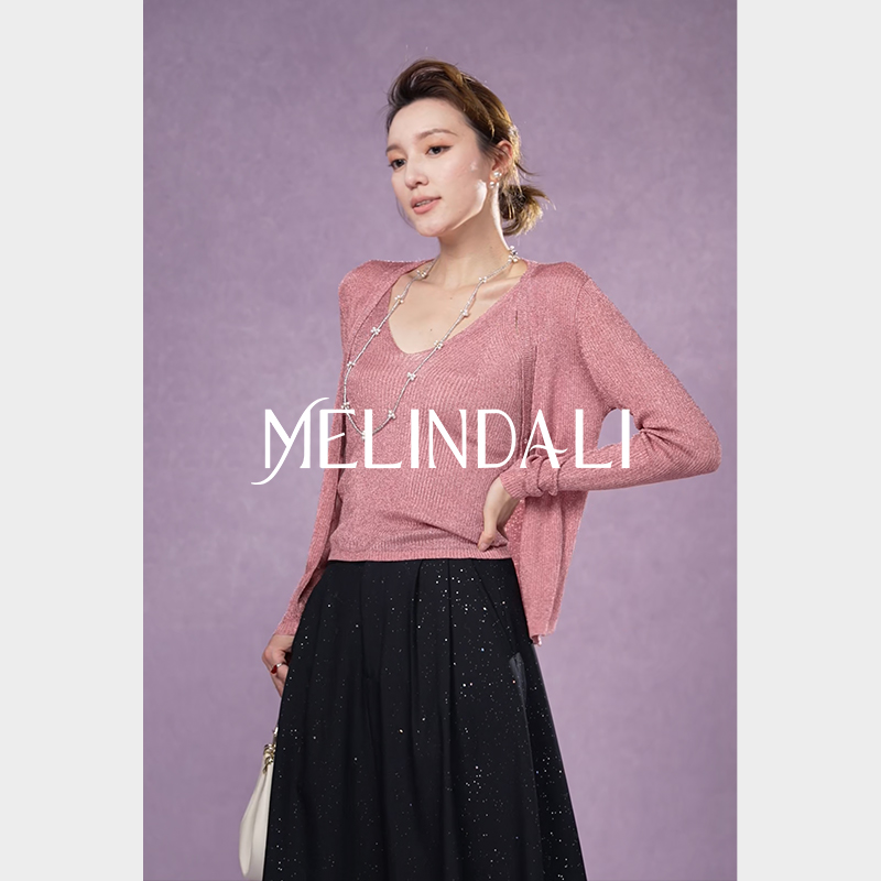 Melinda Li【荆棘玫瑰】法式轻奢人丝金银丝闪光包覆纱开衫吊带套装
