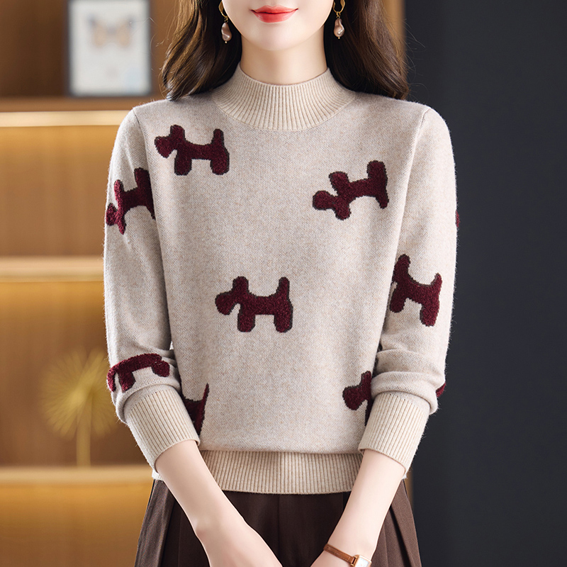 Mulan&Miusi/半高领小狗织花长袖羊毛衫
