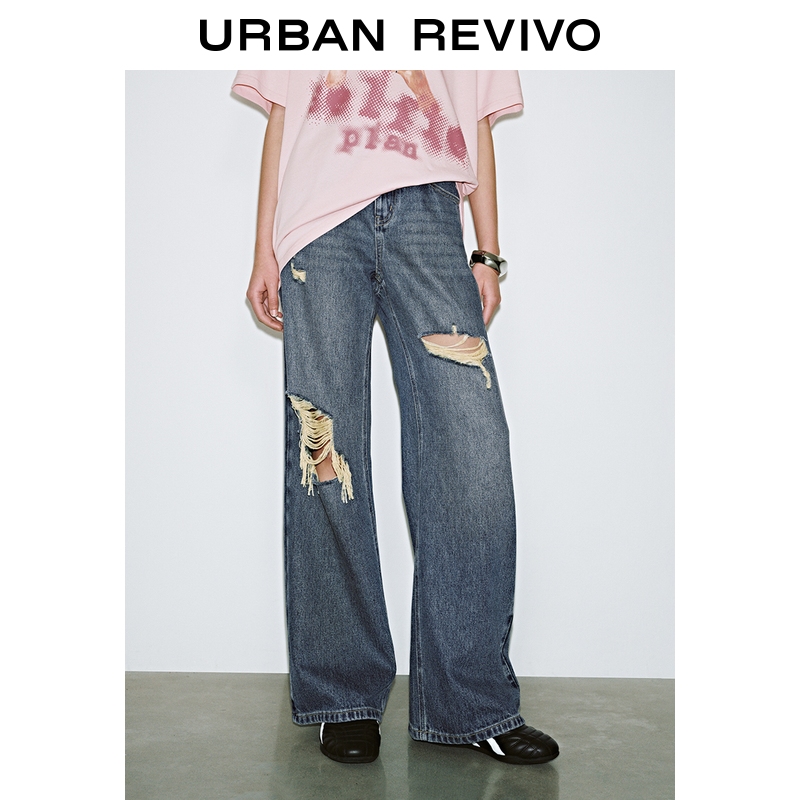 UR2025夏季新款女装休闲复古水洗磨破牛仔长裤UYY850158#