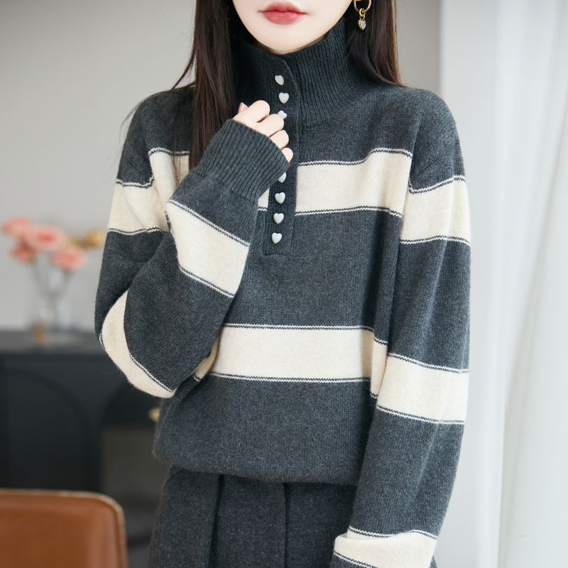 哥弟阿玛施正品时尚新款条纹高翻领羊毛衫冬季针织洋气宽松女毛衣