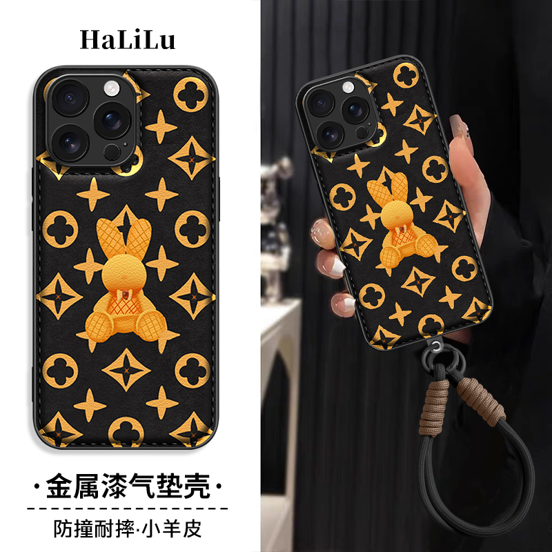 憨坐小兔浮雕羊皮立体壳适用苹果17华为oppo小米vivo手机带挂绳款