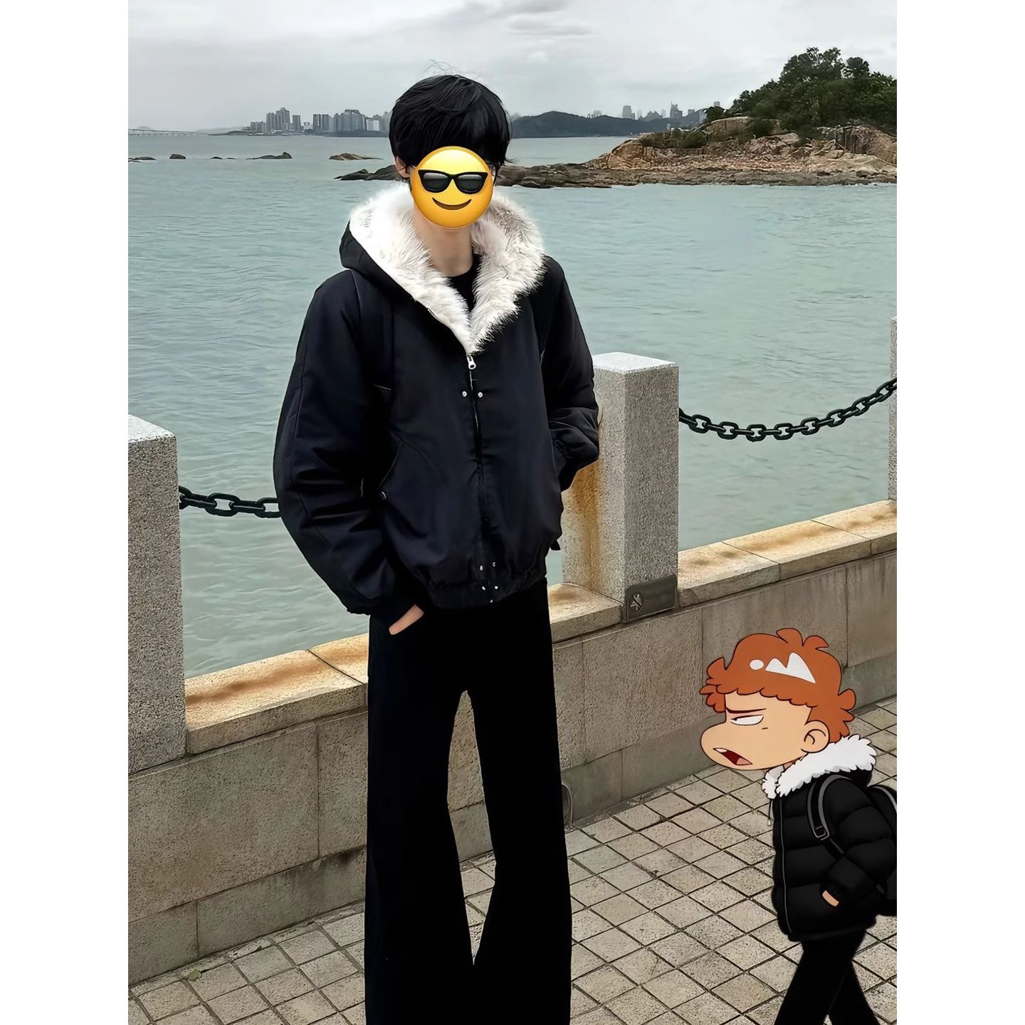 黑色大毛领座山雕棉服男款冬季保暖连帽棉衣cleanfit加绒加厚外套