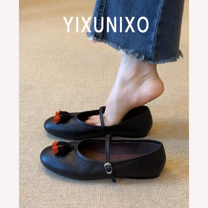 羊皮~复古绒面流苏平底单鞋女2025新款配裙子圆头一字带玛丽珍鞋