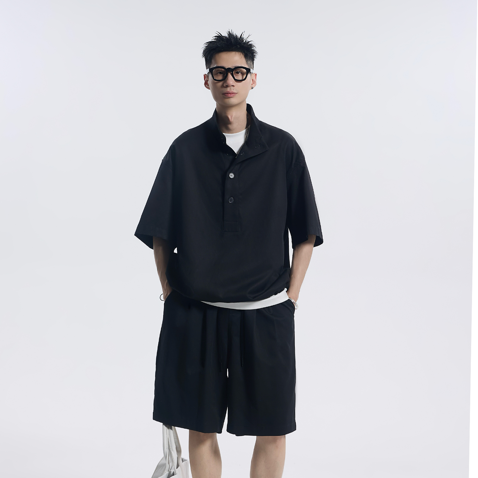 夏季新款莱赛尔时尚简约短袖短裤两件套休闲高级感男装套装16187