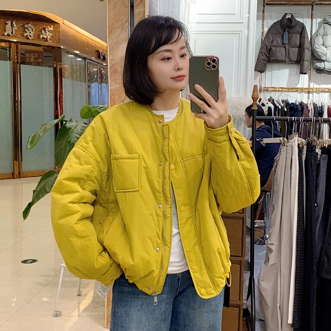 7713韩系加厚单排扣圆领宽松显瘦小个子夹棉棉服外套