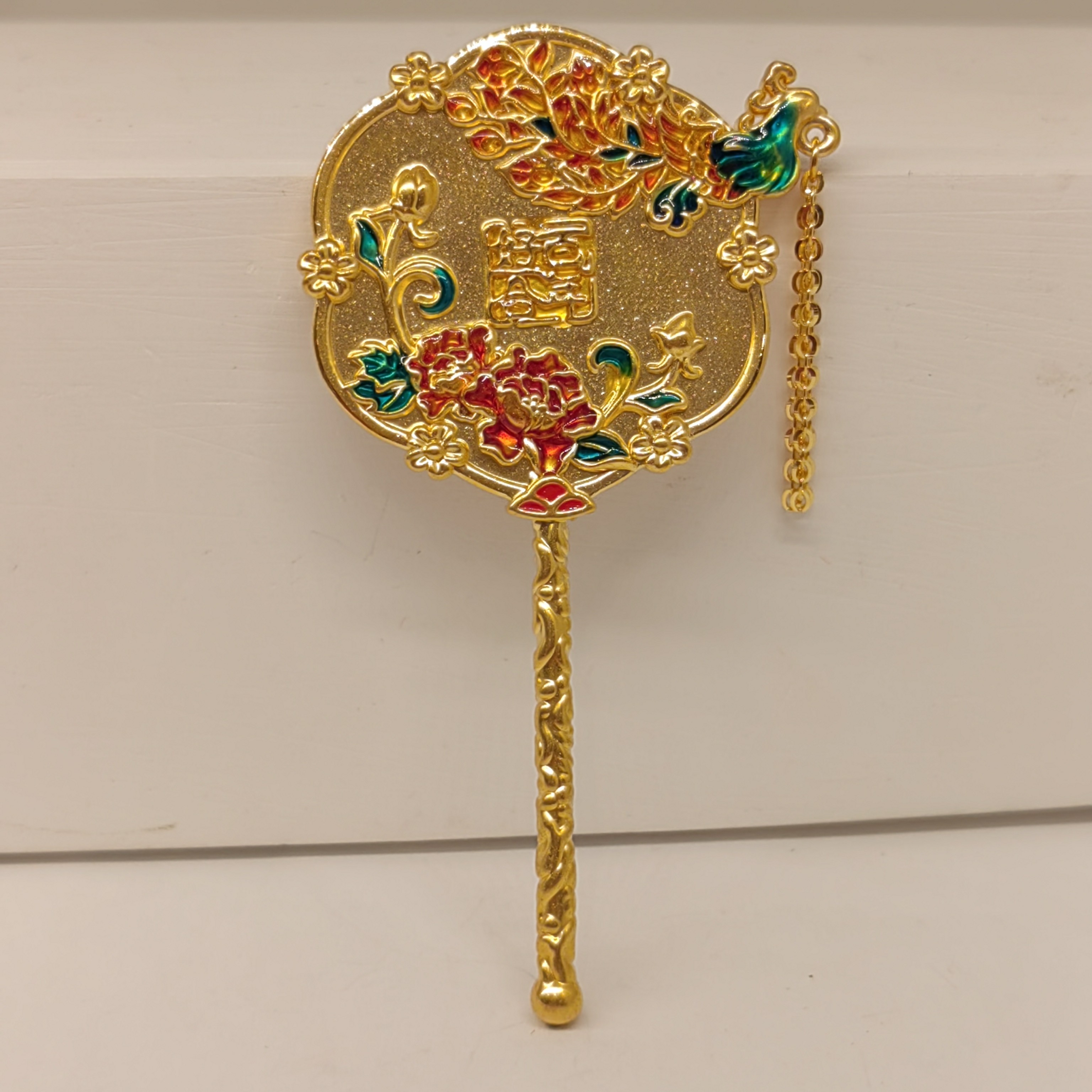 （壹凡黄金）投资金足金999黄金珐琅婚扇凤凰扇婚嫁结婚送女儿礼物