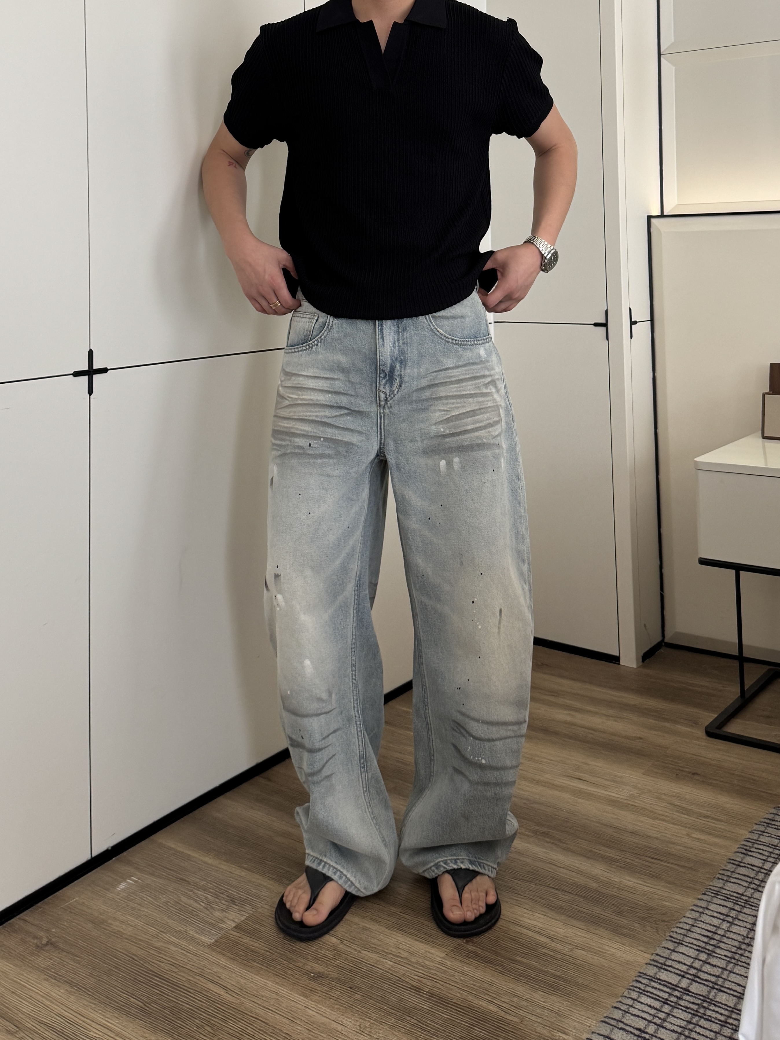 超超超会穿｜春夏款手工泼墨水洗做旧直筒弯刀牛仔裤