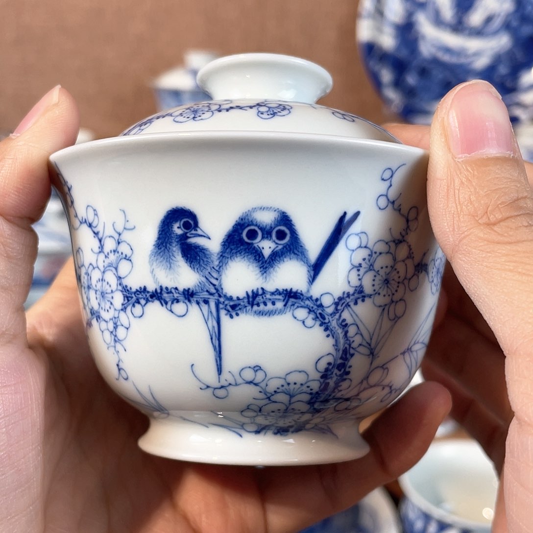 泥藝瓷梦花鸟盖碗