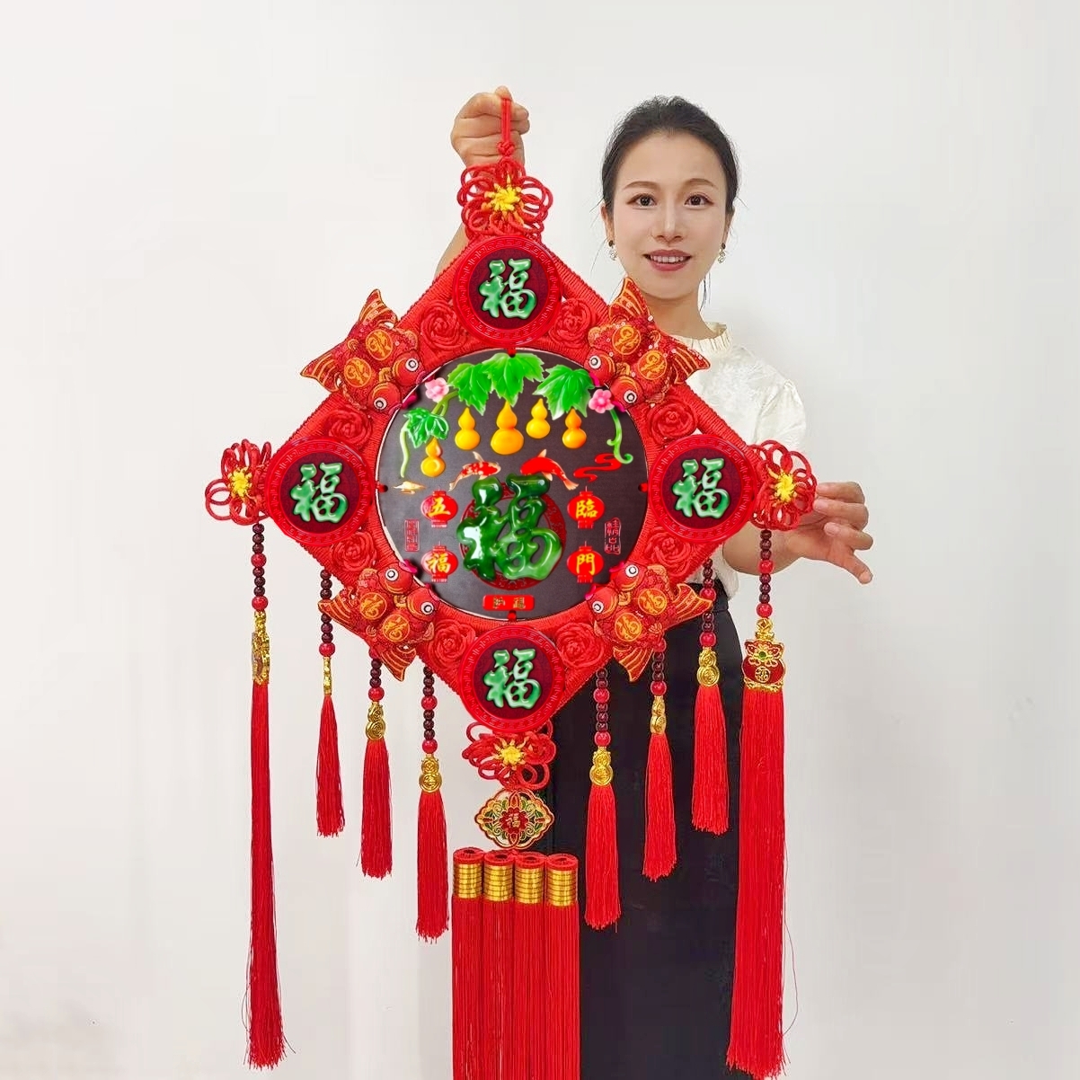 【大号仿玉五福】【仿玉浮雕五福】纯手工中国结搬家结婚高档挂件