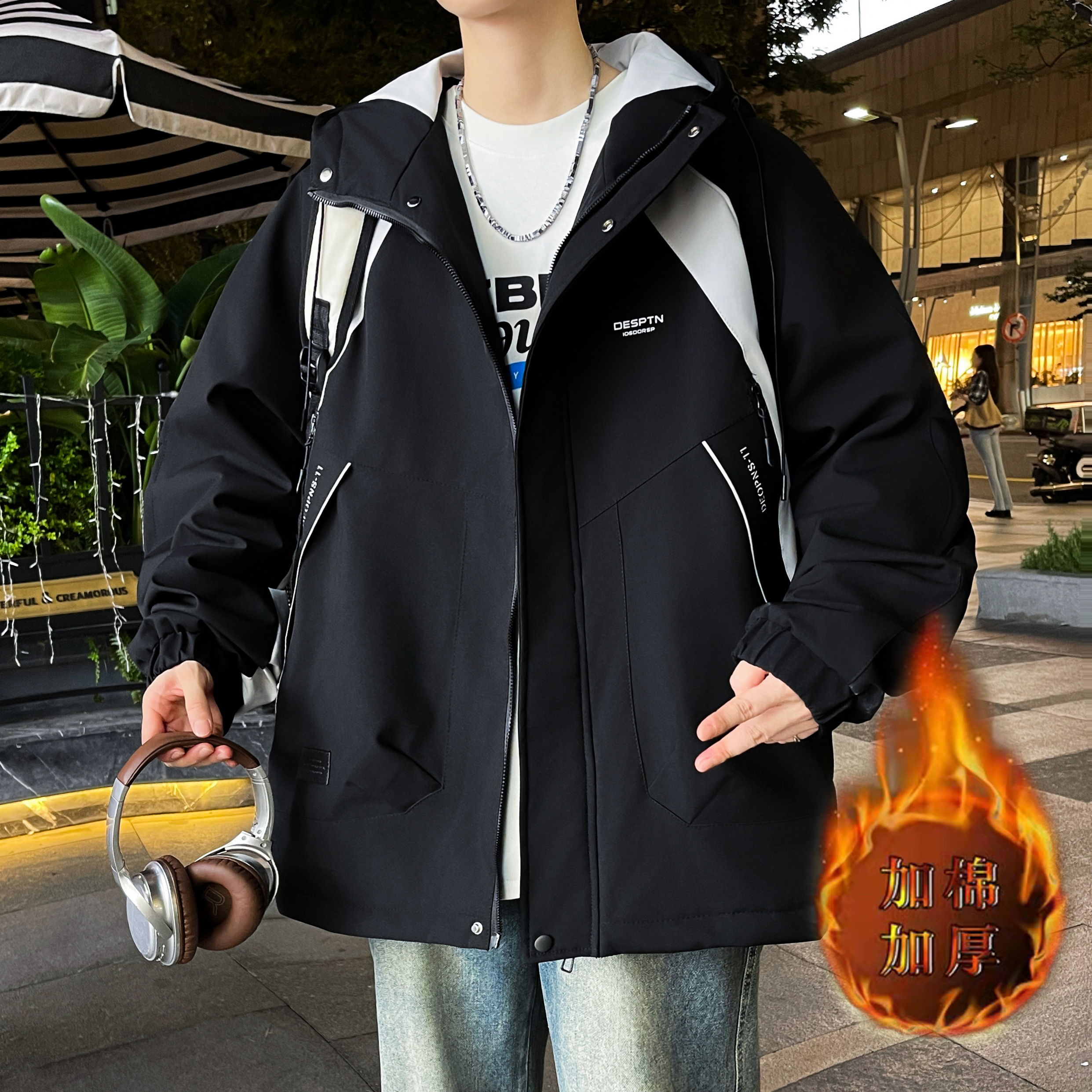 冬季港风加棉加厚连帽夹克男休闲百搭青少年保暖防风潮流连帽外套