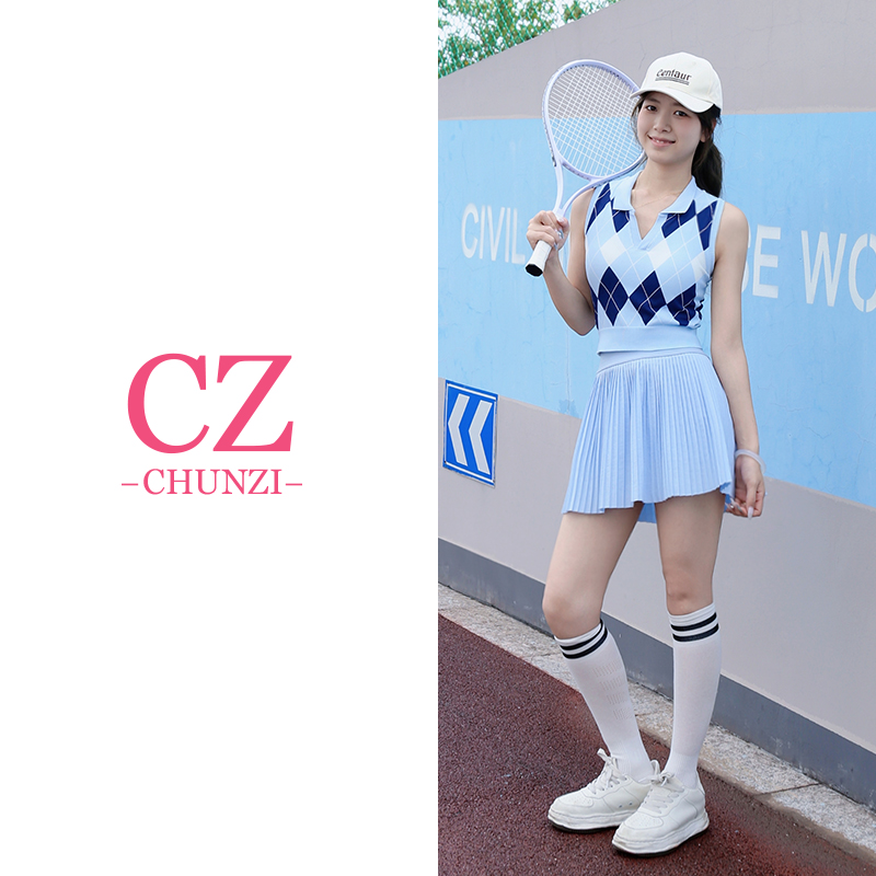 学院风网球服网球裙运动套装女瑜伽服健身背心防震翻领上衣一体杯