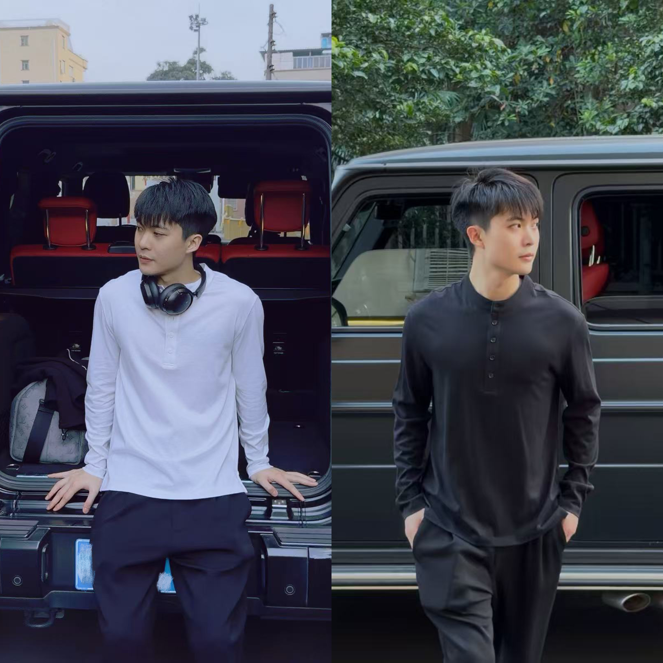 王囡囡 米白/黑圆领单排扣桑蚕丝羊绒长袖T恤（男装）S549