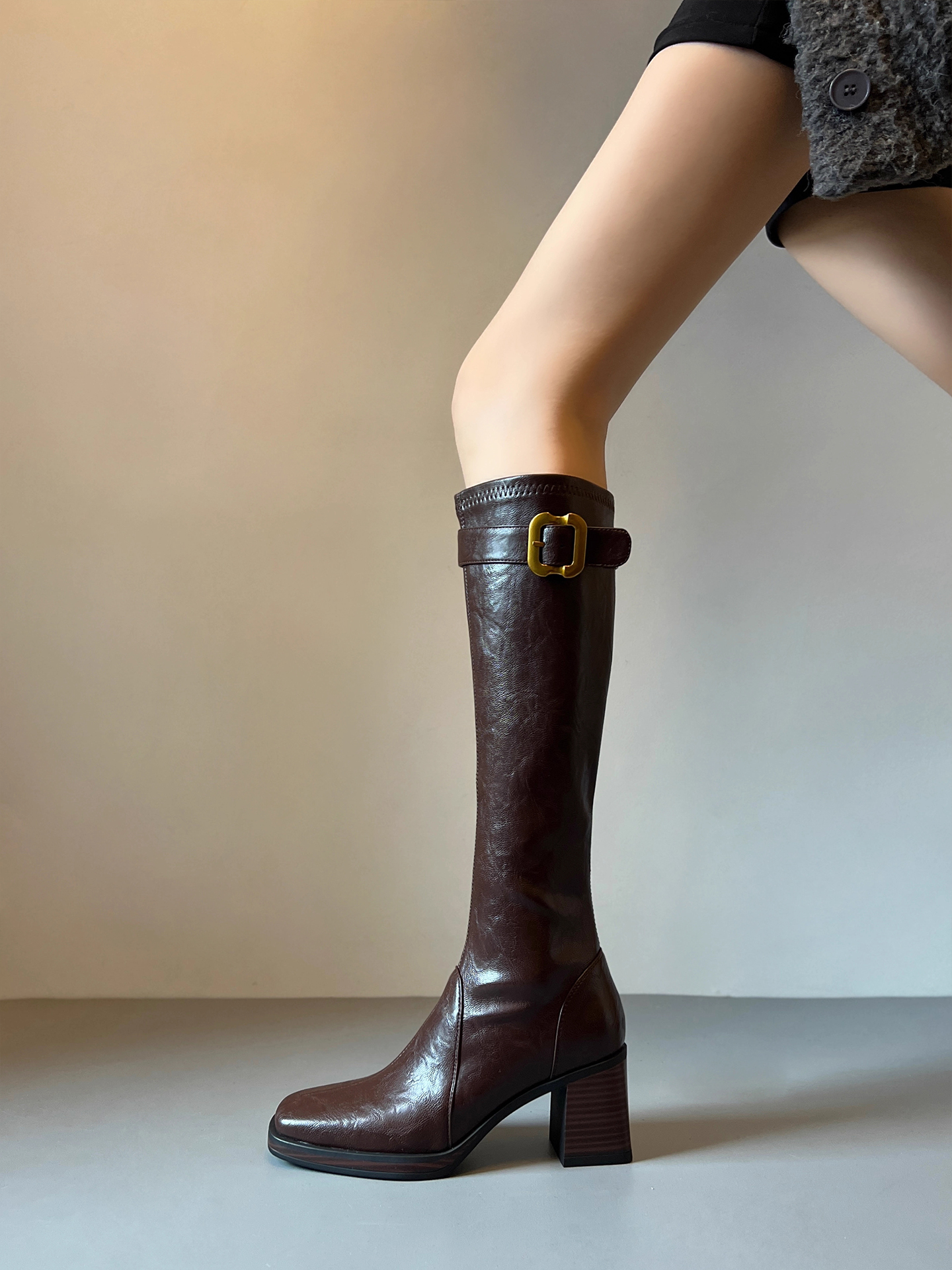 辣妹风高跟长筒靴女2025秋冬新款皮带扣方头包腿瘦腿长靴子骑士靴