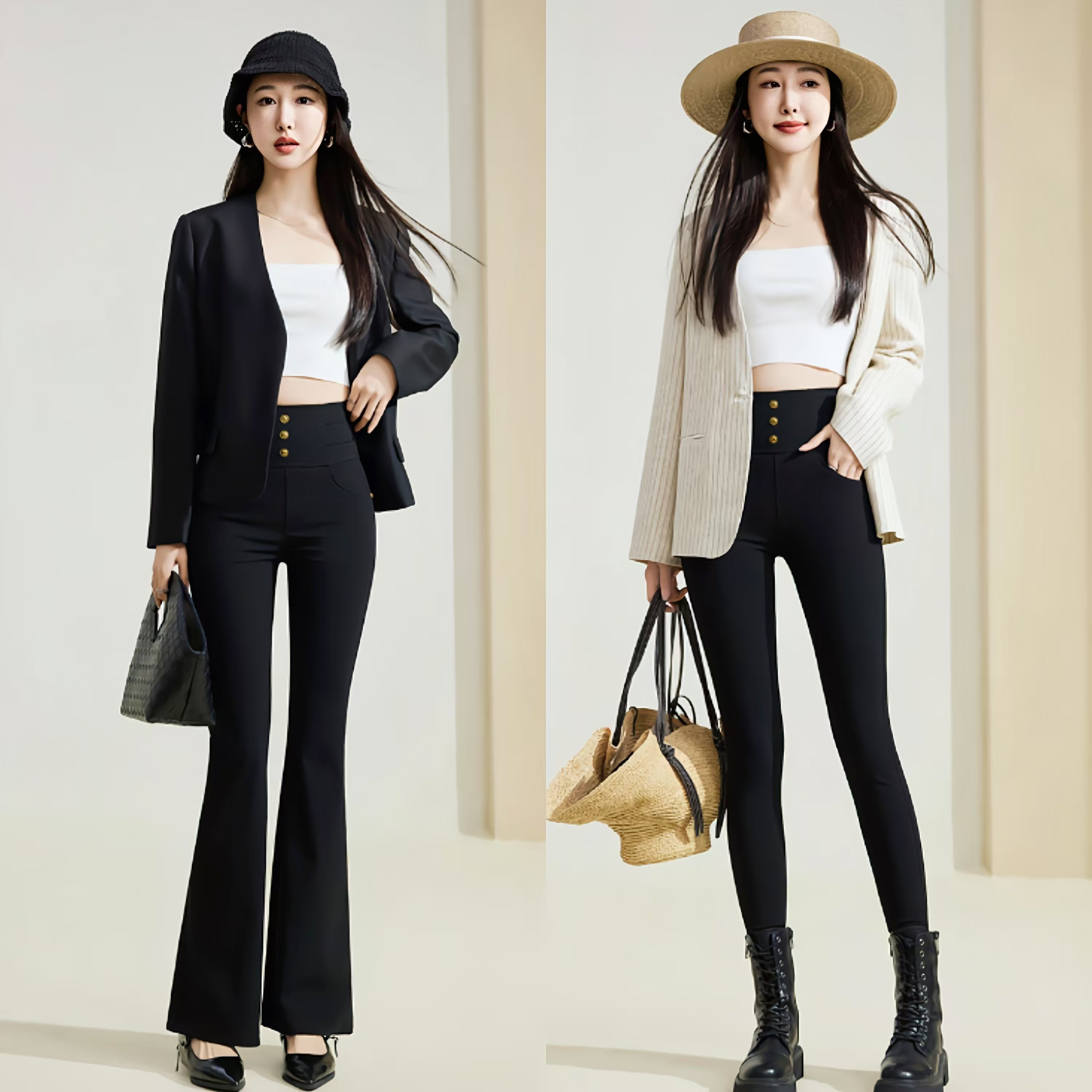 TJ070大码MM秋冬加绒高腰喇叭裤黑色遮肚子休闲裤显瘦时尚微喇裤