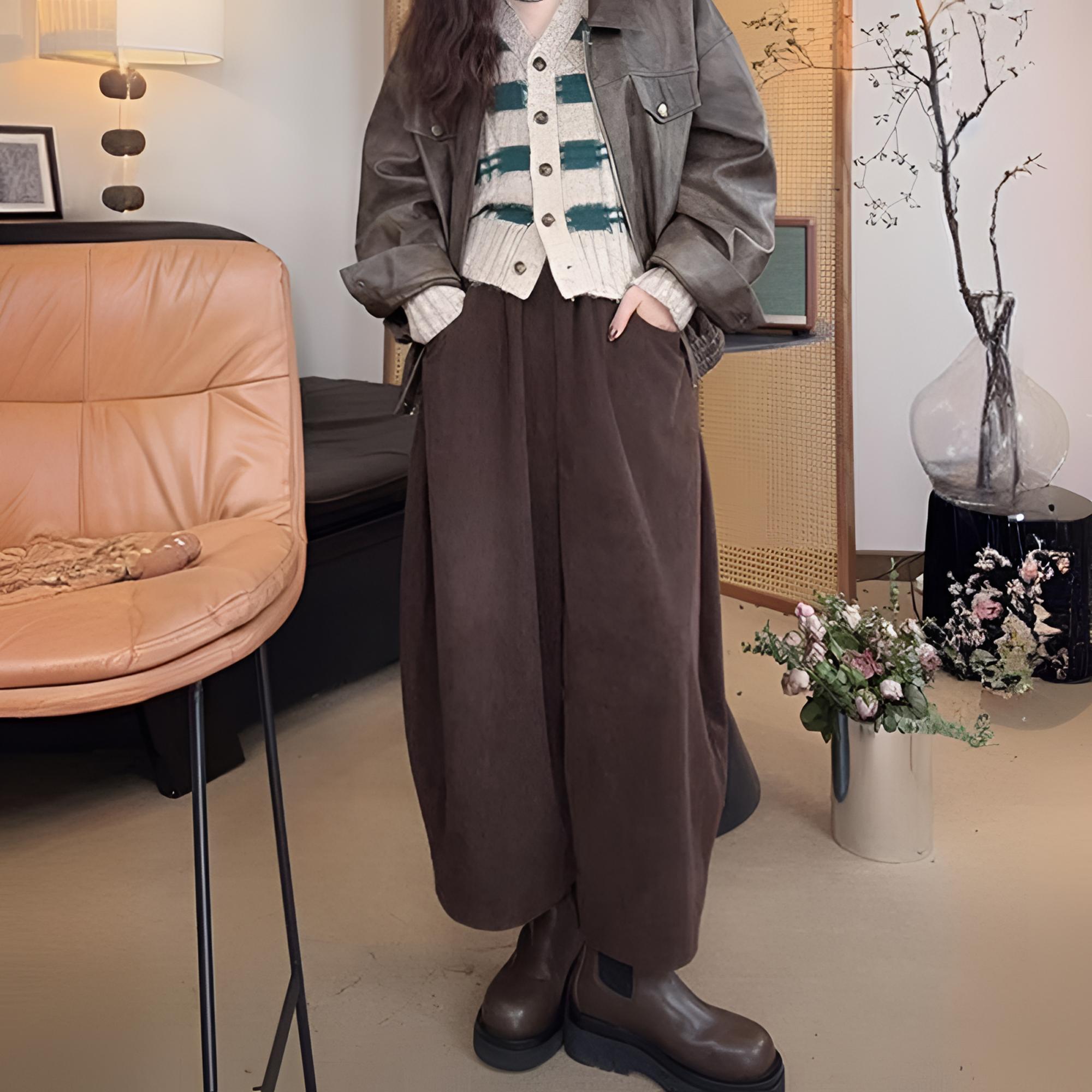 高腰法式慵懒风灯芯绒休闲裤女百搭春秋宽松气质网红显瘦休闲女裤