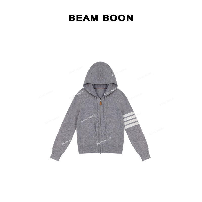 【加州滤镜】超细澳洲美利奴羊毛绞花四条杠学院风针织连帽开衫