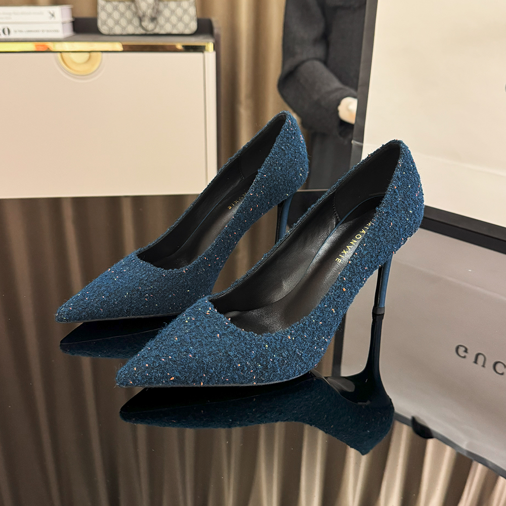 【VIMIAONVXIE】细跟尖头蓝色浅口单鞋春秋款气质真皮通勤高跟鞋女