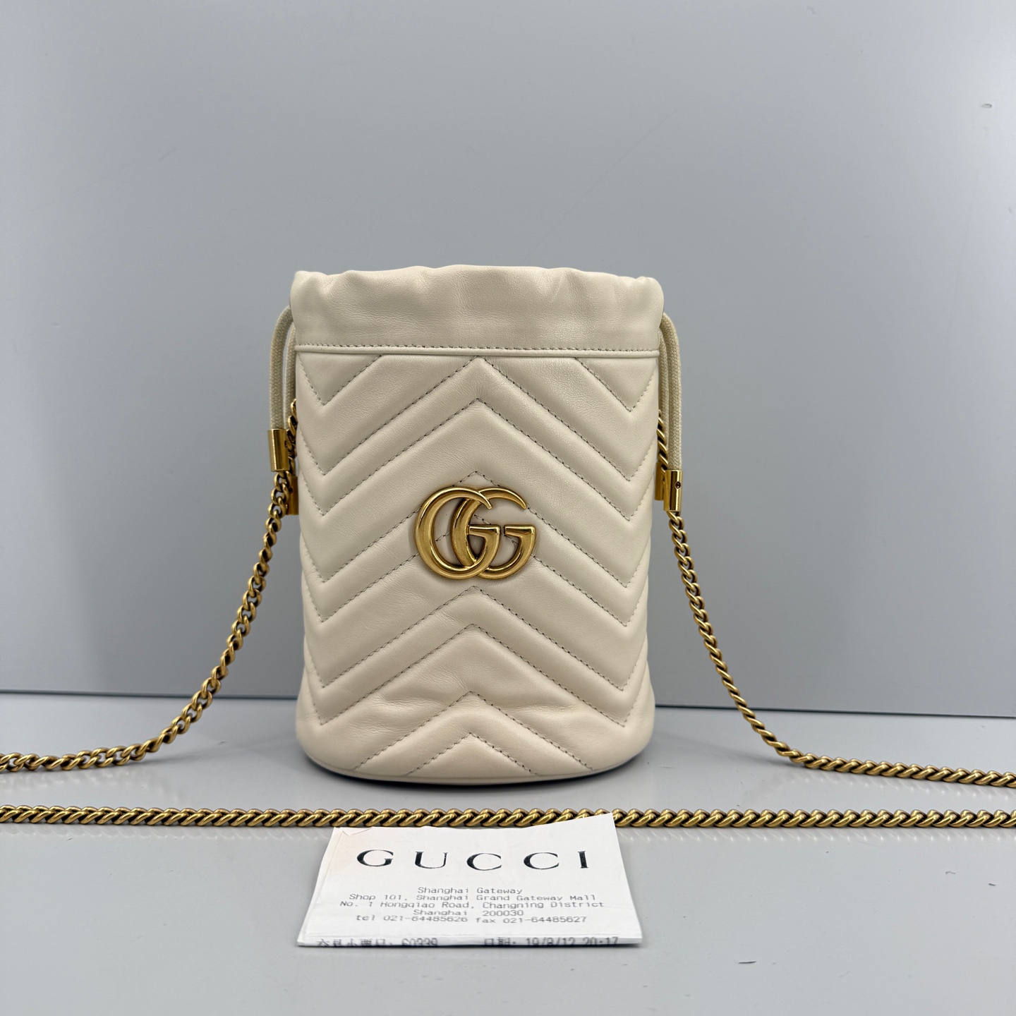 95新 GUCCI/古驰 优选/马蒙迷你白金水桶包19年票/13×17/缺龙虾扣