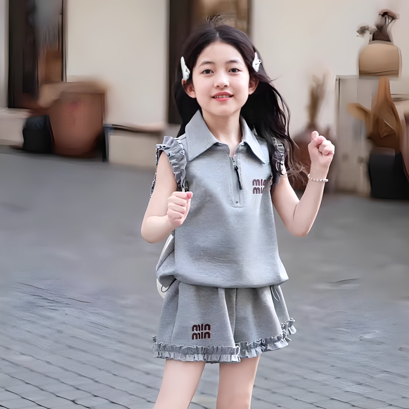 儿童套装女2025新款夏季女童花边t恤上衣洋气女孩百搭短裤两件套