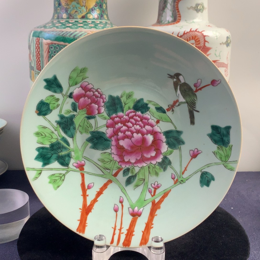 陶盘12920瓷器—豆青釉粉彩花鸟纹赏盘