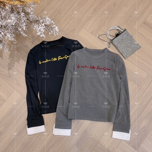 【邂逅】秋冬季植绒撞色字母长袖T恤女时尚圆领衬衫袖内搭上衣