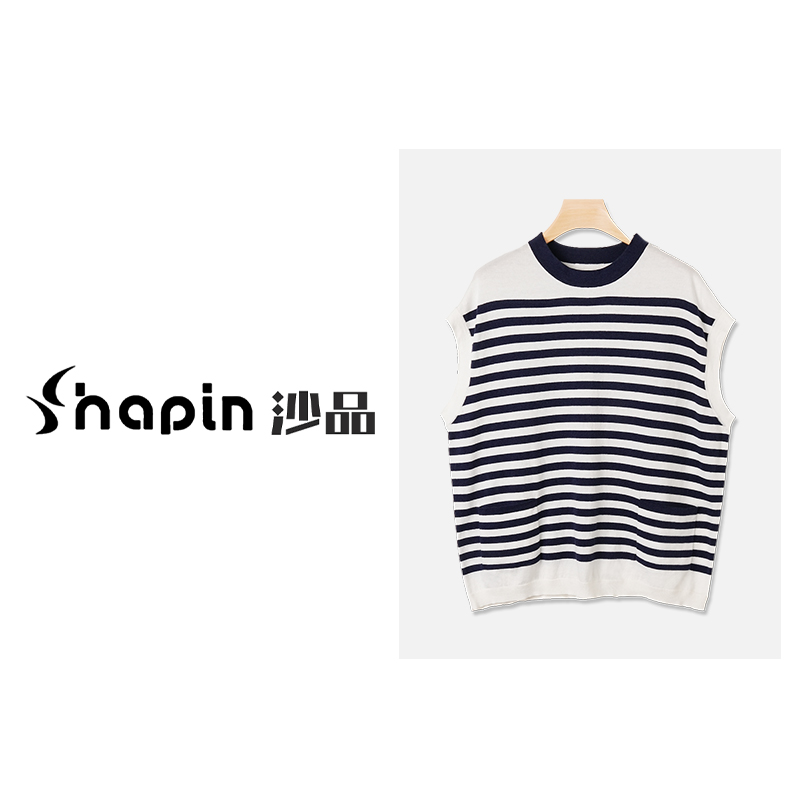 慵懒经典撞色条纹无袖T恤时髦圆领套头通勤上衣女XS0977