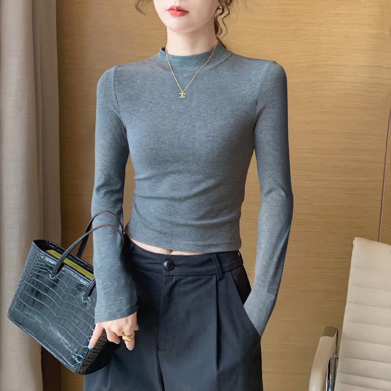 HTKD灰色软糯半高领打底衫女内搭春秋2025新款长袖小立领高腰显瘦