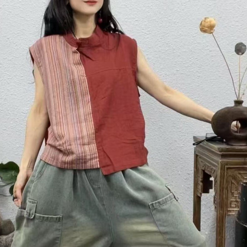 【直播专属】女款复古不起球圆领落肩袖休闲休闲风常规无袖做旧