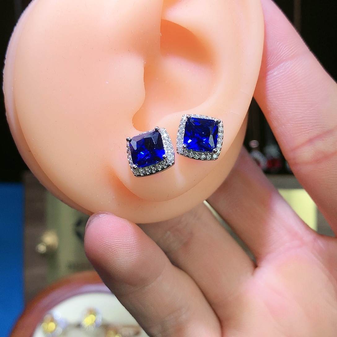 蓝宝石耳饰银S925镶嵌