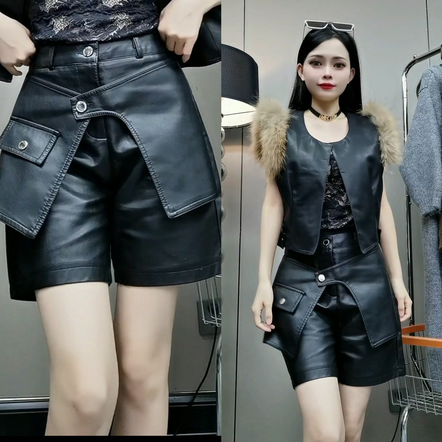 5889#HY秋季新款休闲时尚高腰围帘复古Pu皮短裤女五分阔腿短裤