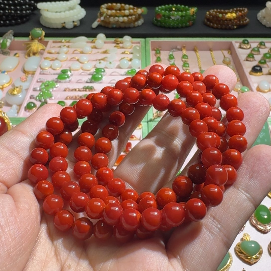 南红玛瑙珠链未镶嵌瓦西牛血红7mm珠链