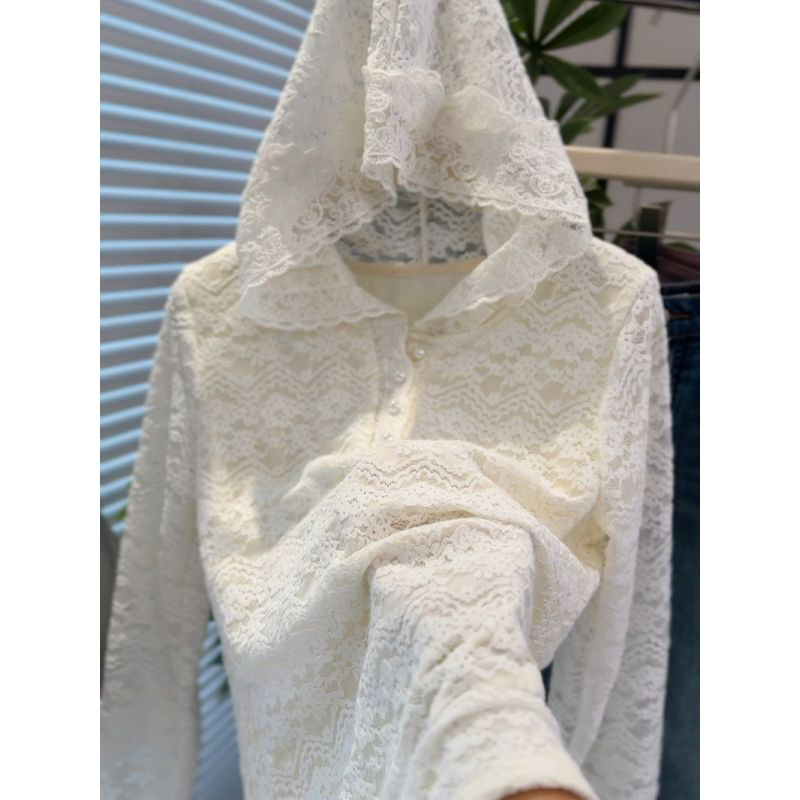 高级感蕾丝花边连帽针织衫女长袖2025新款法式秋冬时尚加绒打底衫