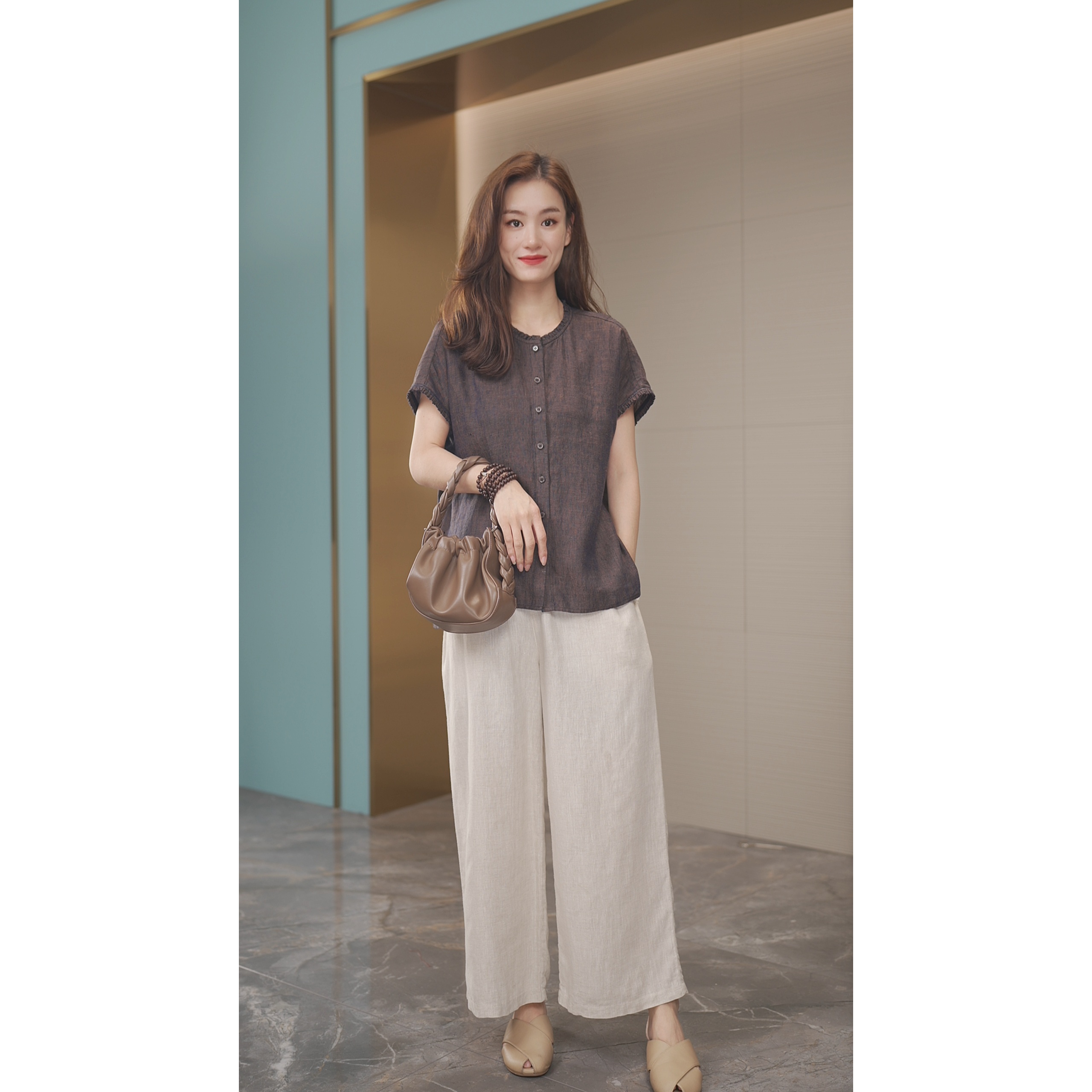 【时空集】100%亚麻秋季新款色织精致木耳边纯色上衣1090