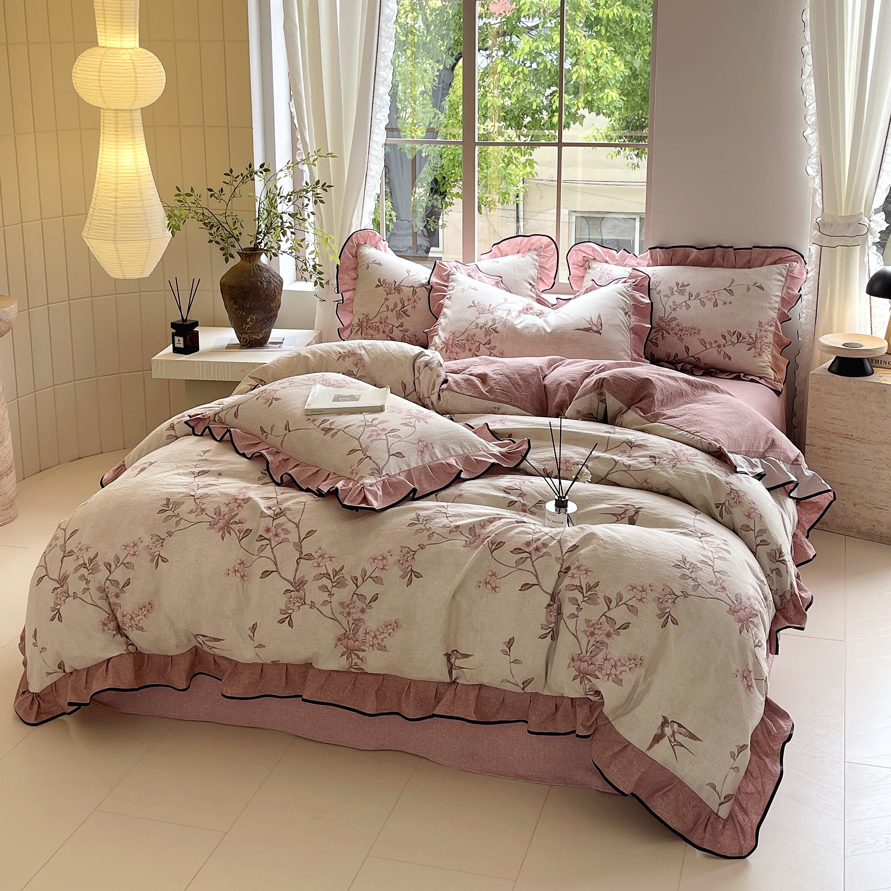 正品年初孤品尾货高端复古双层纱轻简约花边被套四件套