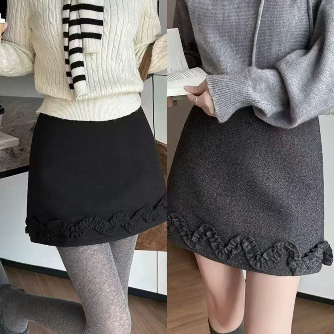 法式高腰遮肚短裙女秋冬加厚毛呢a字显瘦遮胯梨身材半身裙8849