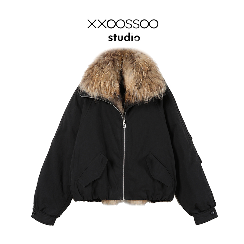 xxoossoo 狐狸毛领90白鸭绒秋冬宽松型派克服羽绒服女款宽松连帽