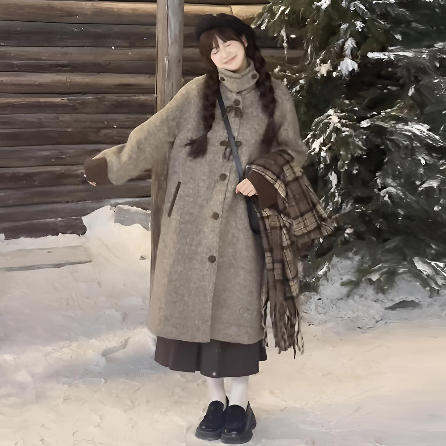 特大码女装韩版复古慵懒风毛呢大衣女胖mm秋冬遮肉显瘦中长款外套