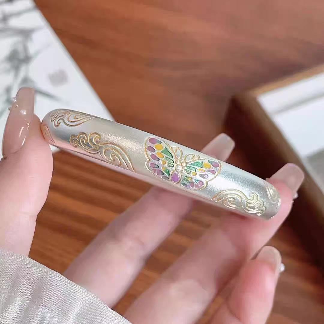 足银手镯 足银999.9手镯 A34珐琅彩蝴蝶祥云描金