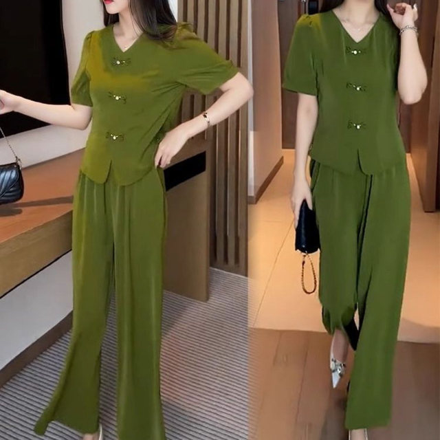 时尚新中式冰丝套装女2025夏季新款洋气显瘦盘扣短袖阔腿裤两件套