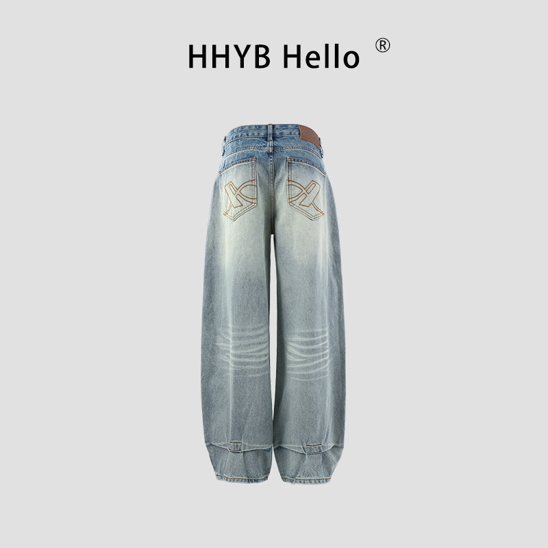 HHYB Hello设计感口袋刺绣复古浅蓝色中低腰压褶渐变牛仔裤H60060