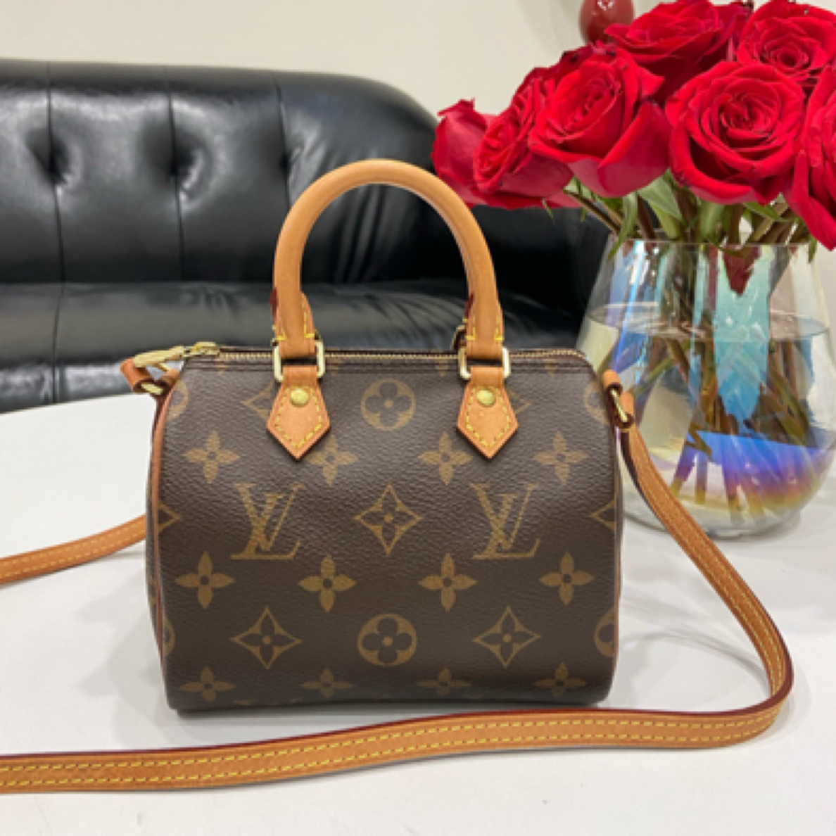 95新 LouisVuitton/路易威登 老款speedynano老花斜挎包