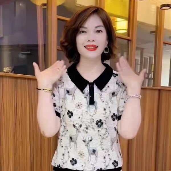 夏季新款中老年妈妈装薄款翻领宽松显瘦透气短袖T恤