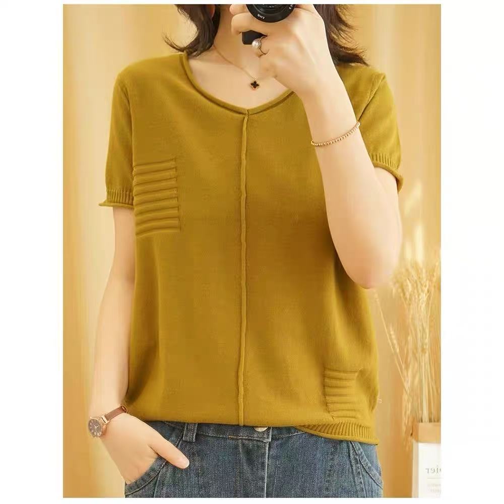 棉针织短袖t恤女v领短袖女口袋