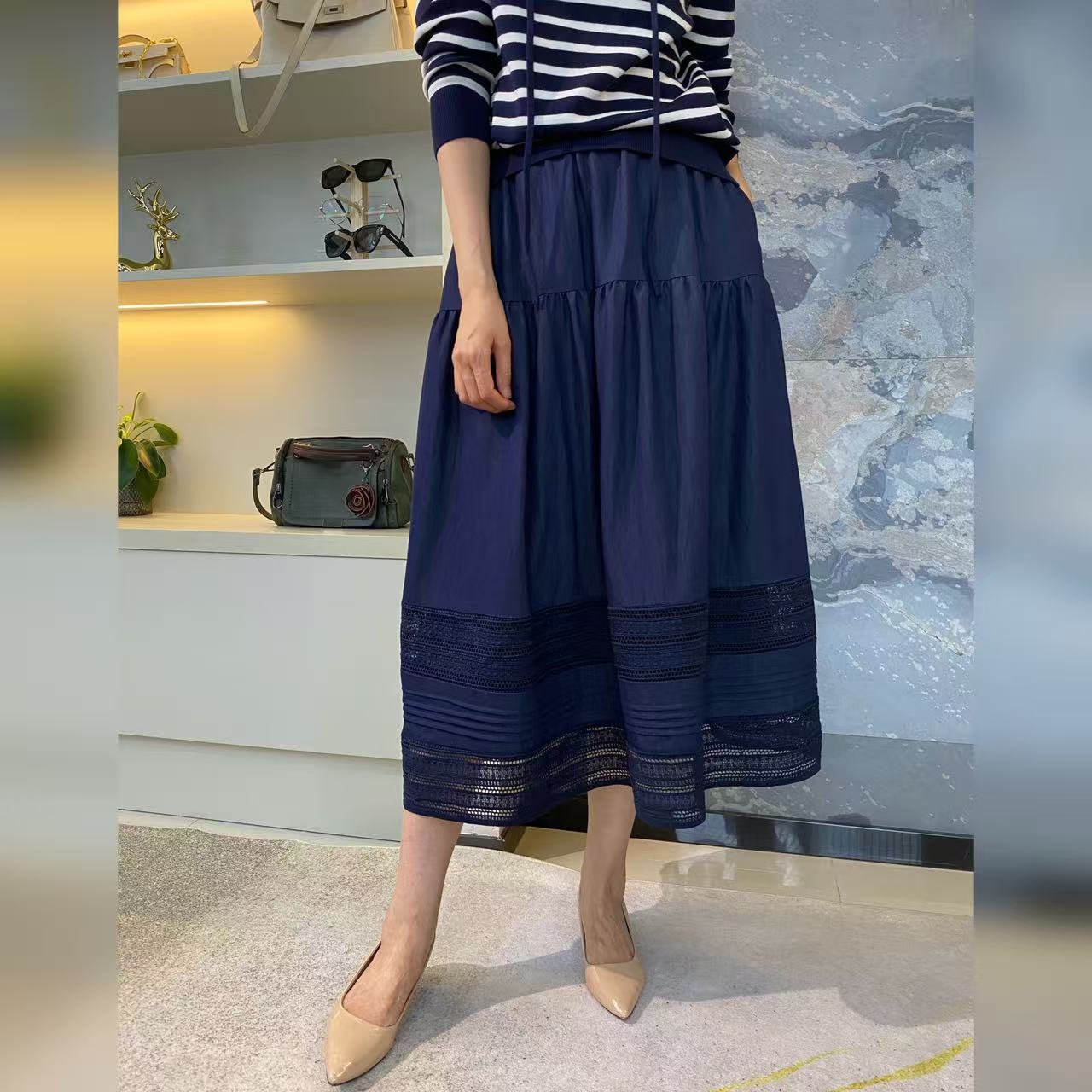 【YAN】 钩花镂空蓝色半身裙早秋轻奢棉质蕾丝伞裙 # BES2563-A4011