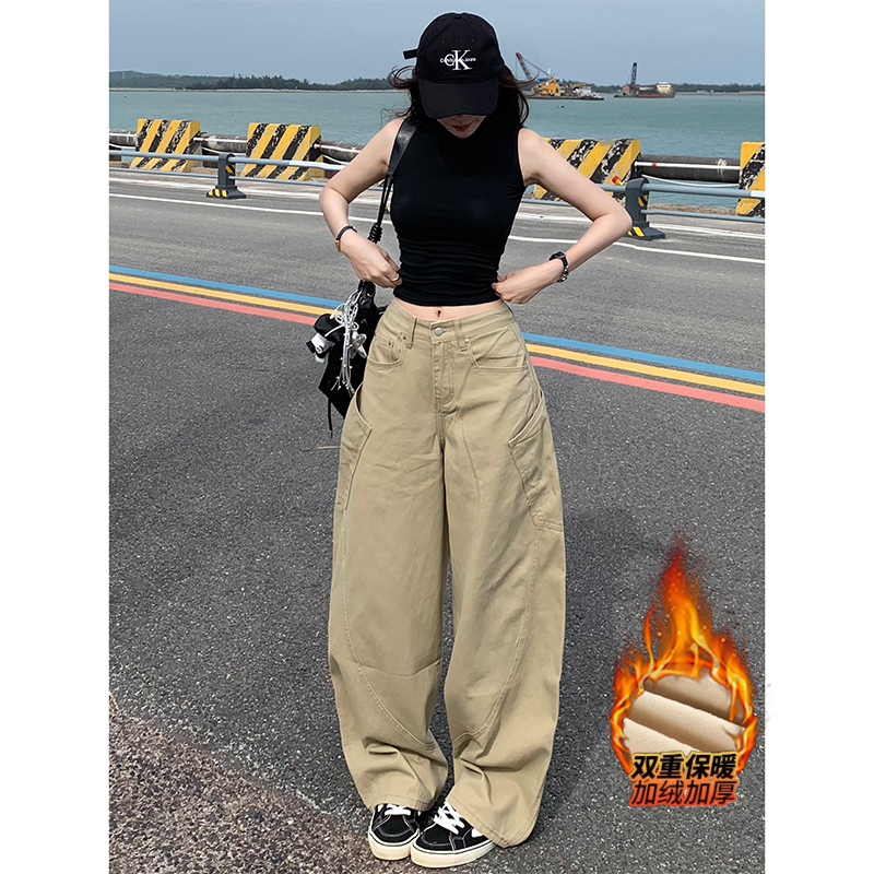 加绒卡其色工装大口袋阔腿牛仔裤女2025年冬季新款高腰显瘦弯刀裤